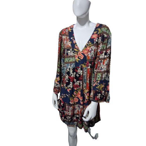 Entro Patchwork Floral Women's size Large Bohemian Cottagecore Bell Sleeve Dress - Picture 1 of 11